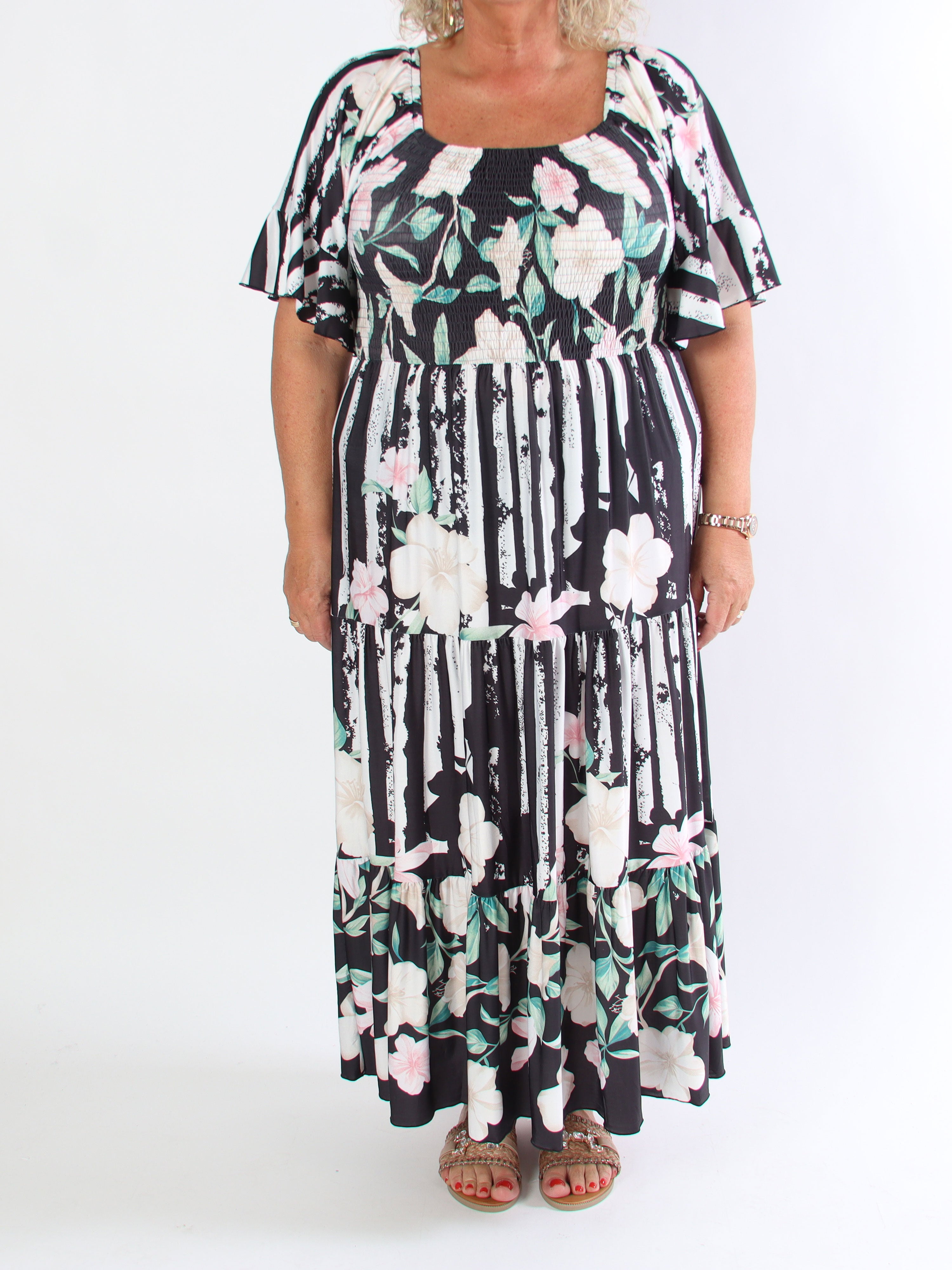 Elna Floral Stripe - Sød elastisk plus size kjole med smock over brystet